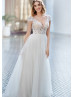 Cap Sleeves Ivory Embroidered Lace Tulle Modern Wedding Dress